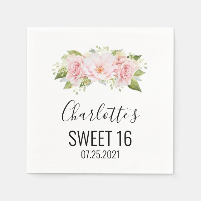 Blush Pink Watercolor Floral Sweet 16 Birthday Napkin (Front)