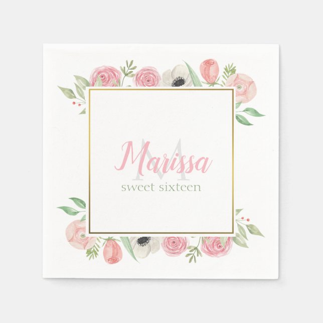 Blush Pink Watercolor Floral Sweet 16 Birthday Napkin (Front)