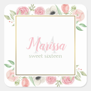 Blush Pink Watercolor Floral Sweet 16 Birthday Square Sticker