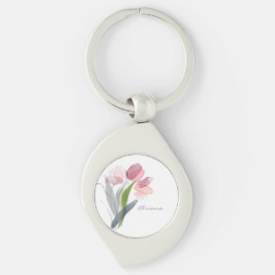 Blush Pink Watercolor Floral Tulips White Name Key Ring