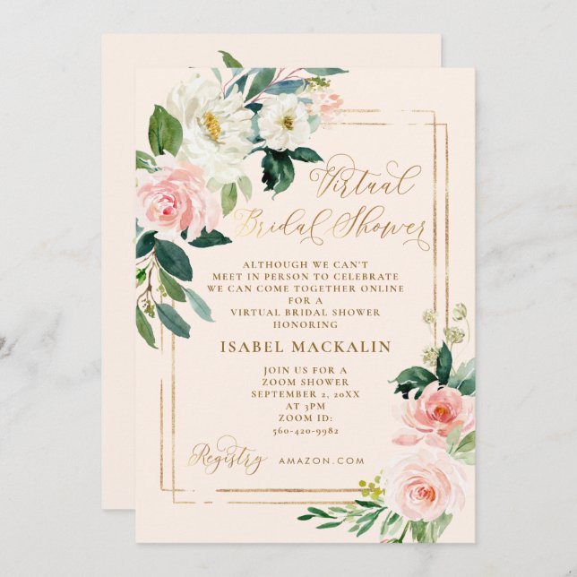 Blush Pink Watercolor Floral Virtual Bridal Shower Invitation (Front/Back)