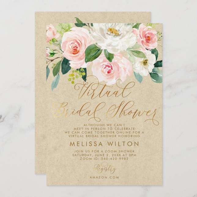 Blush Pink Watercolor Floral Virtual Bridal Shower Invitation (Front/Back)