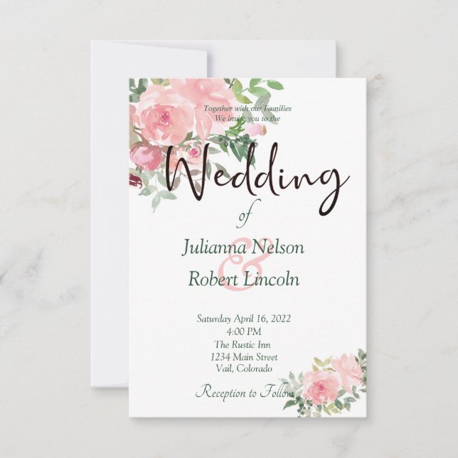Blush pink watercolor floral wedding invitation (Front)