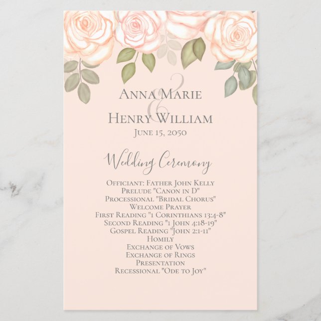 Blush Pink Watercolor Floral Wedding Program (Front)