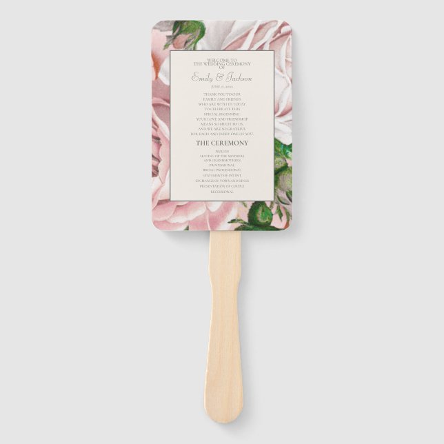 Blush Pink Watercolor Floral Wedding Program Hand Fan (Front)
