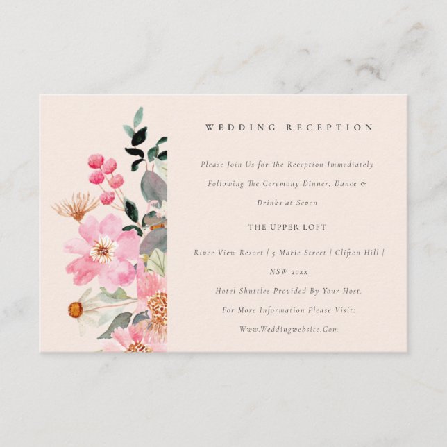 Blush Pink Watercolor Floral Wedding Reception Enclosure Card (Front)