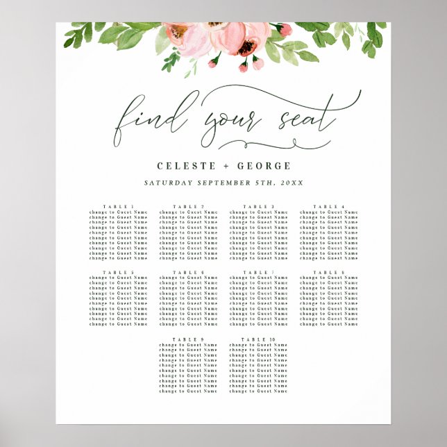 Blush pink watercolor floral wedding seating plan poster (Front)