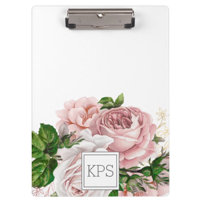 Blush Pink Watercolor Floral White Monogram Clipboard (Front)