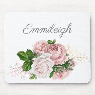 Blush Pink Watercolor Floral White Script Mouse Pad