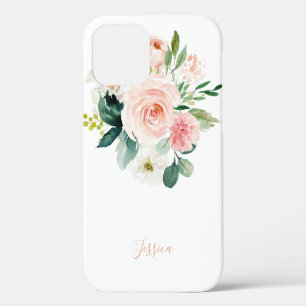 Blush Pink Watercolor Floral with Your Name iPhone 12 Case