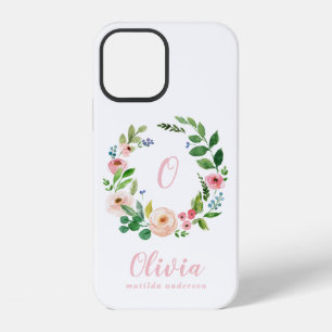 Blush pink watercolor floral wreath monogram iPhone 12 case