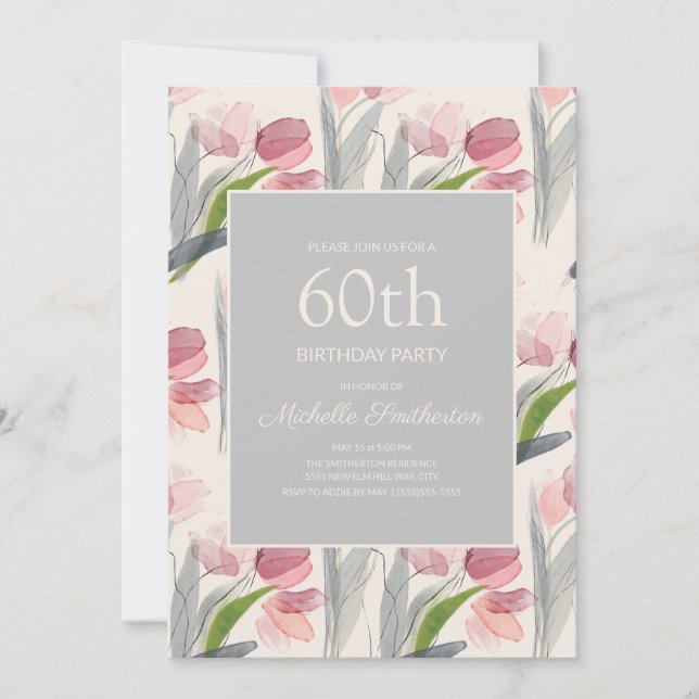 Blush Pink Watercolor Flower Tulips 60th Birthday Invitation (Front)