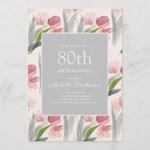 Blush Pink Watercolor Flower Tulips 80th Birthday Invitation