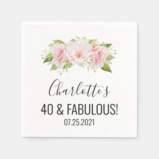 Blush Pink Watercolor Flowers 40 & Fabulous Napkin (Front)