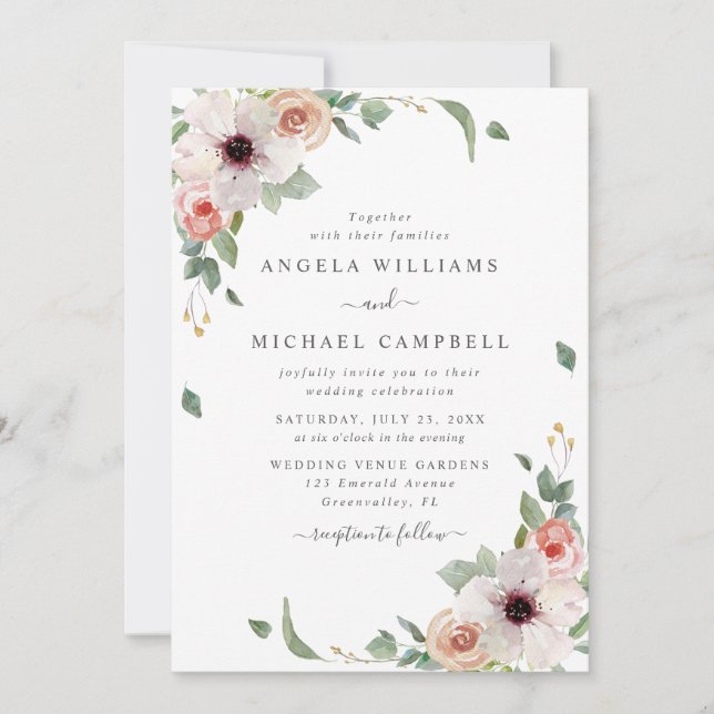 Blush Pink Watercolor Flowers Botanical Wedding Invitation (Front)