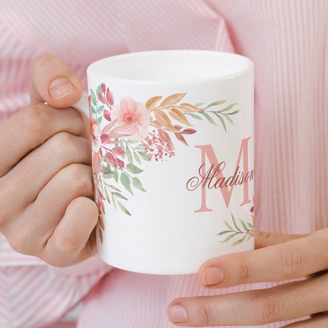 Blush Pink Watercolor Flowers Custom Monogram Name Coffee Mug (Enjoy your coffee in this lovely mug with blush pink watercolor flowers and your monogram.)