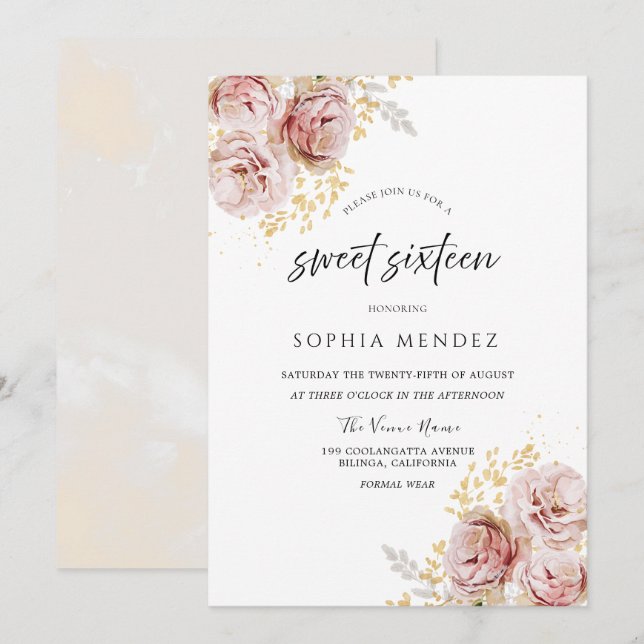 Blush Pink Watercolor Flowers Lovely Sweet Sixteen Invitation (Front/Back)