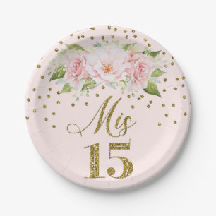 Blush Pink Watercolor Flowers Mis 15 Quinceanera Paper Plate