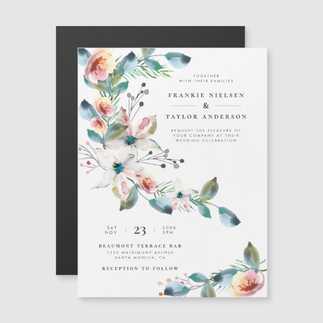 Blush Pink Watercolor Flowers Modern Wedding Magnetic Invitation (Front/Back)