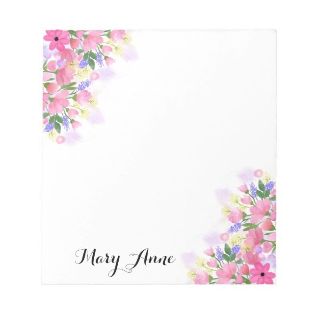 Blush Pink Watercolor Flowers Personalized Notepad (Front)