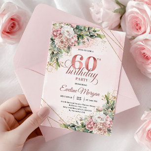 Blush Pink Watercolor Flowers Rose Gold 60th Birth Invitation