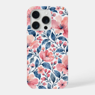Blush Pink Watercolor Flowers with Blue Leaves iPhone 15 Pro Case