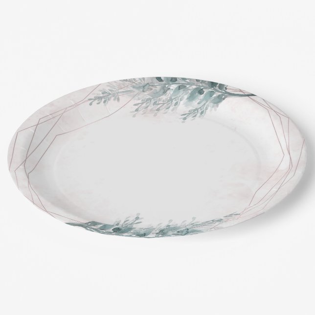 Blush Pink Watercolor Geometric Botanical Wedding Paper Plate (Angled)