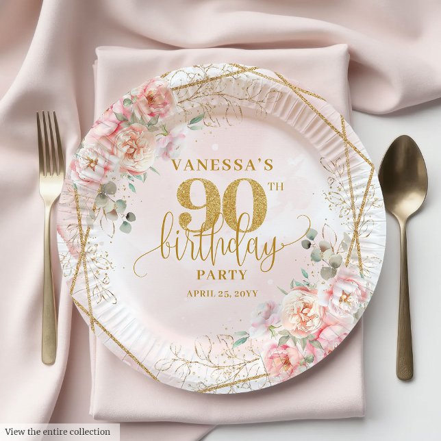 Blush Pink Watercolor Gold 90th Birthday Party  Paper Plate (Blush Pink Watercolor Gold 90th Birthday Party Plate)
