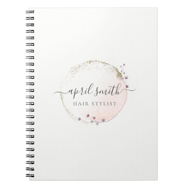 Blush Pink Watercolor Gold Circle Floral Wreath Notebook (Front)