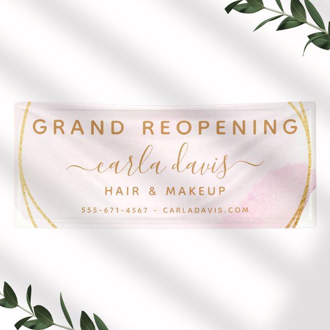 Blush Pink Watercolor Gold Circle Salon Reopening Banner (Creator Uploaded)