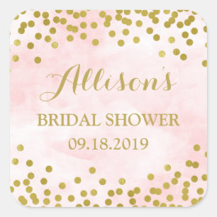 Blush Pink Watercolor Gold Confetti Bridal Shower Square Sticker