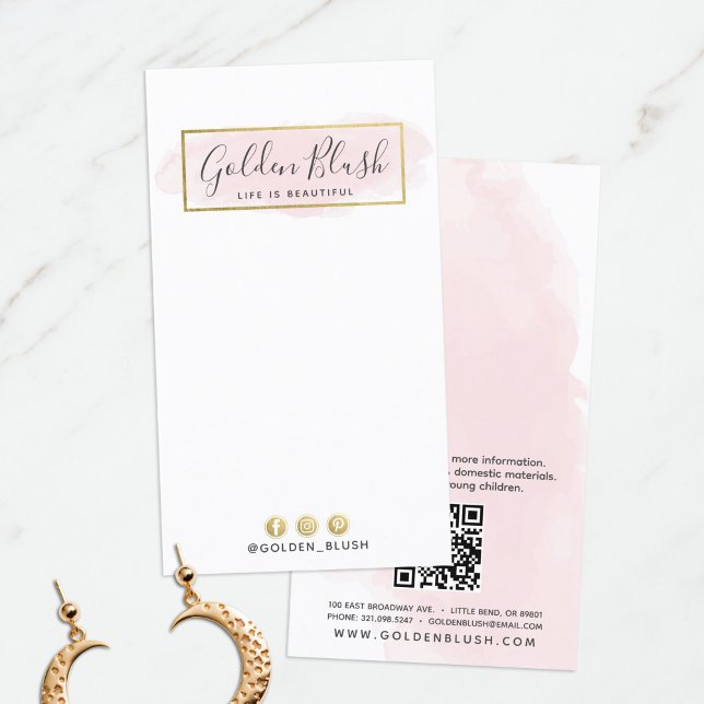 Blush Pink Watercolor Gold Earring Jewellery Displ Business Card (Creator Uploaded)