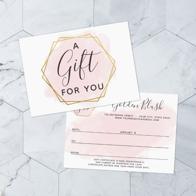 Blush Pink Watercolor & Gold Gift Certificate Card (Creator Uploaded)