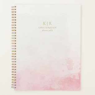 Blush pink watercolor, gold monogram planner 
