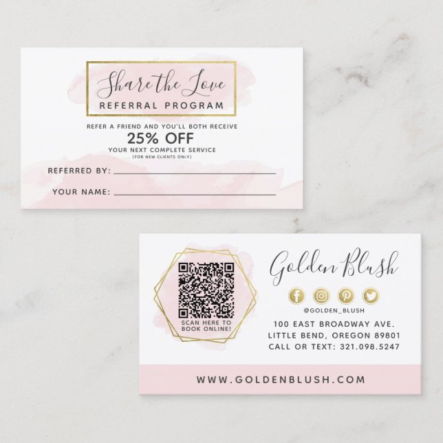 Blush Pink Watercolor & Gold Referral Program QR Business Card (Front/Back)