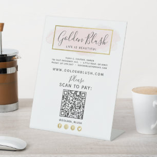 Blush Pink Watercolor & Gold Scan To Pay Contact Pedestal Sign