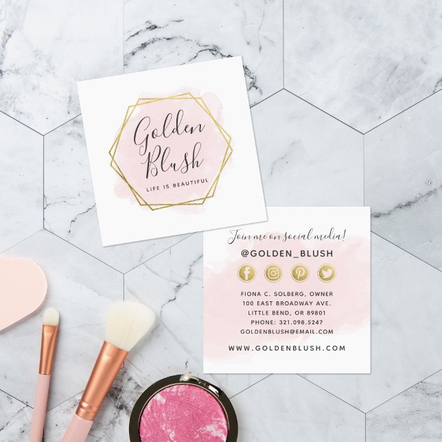 Blush Pink Watercolor & Gold Social Media Network Square Business Card (Creator Uploaded)