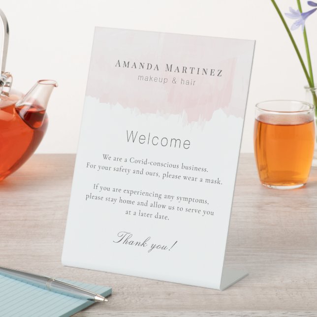 Blush Pink Watercolor Hair Makeup Salon Welcome Pedestal Sign (In SItu)