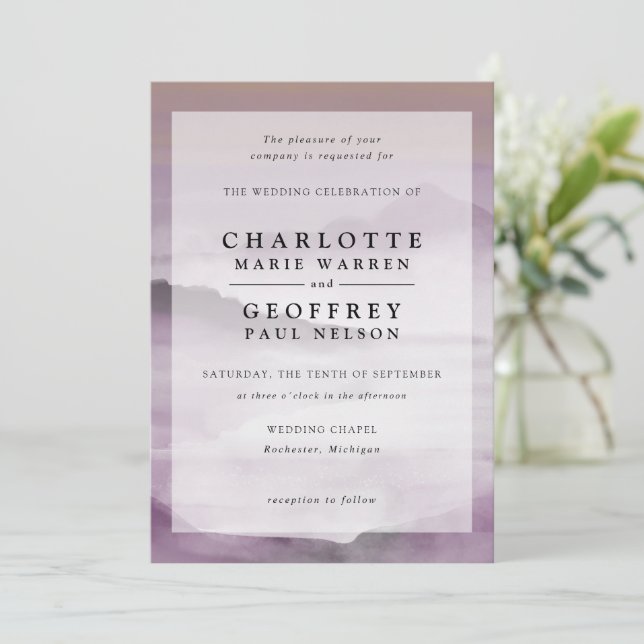 Blush pink watercolor misty landscape wedding invitation (Standing Front)