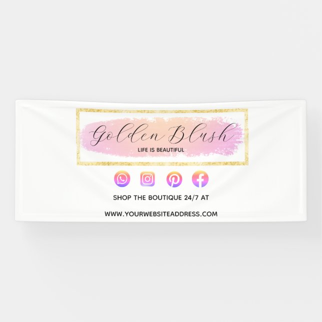 Blush Pink Watercolor & Modern Gold Geometric Chic Banner (Horizontal)