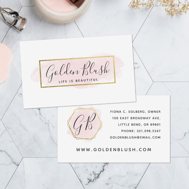 Blush Pink Watercolor & Modern Gold Geometric Chic Business Card (Creator Uploaded)