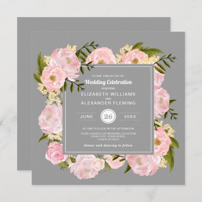 Blush Pink Watercolor Peonies Grey Wedding Invitation (Front/Back)