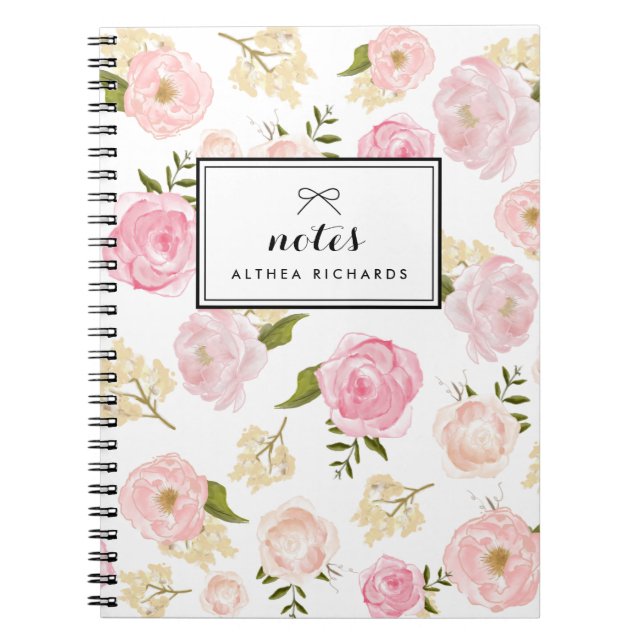 Blush Pink Watercolor Peonies Pattern Personalised Notebook (Front)