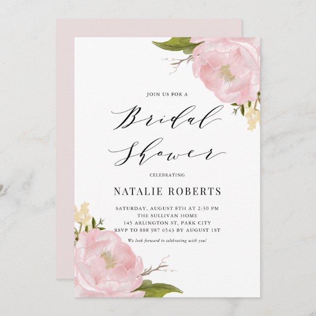 Blush Pink Watercolor Peonies Pretty Bridal Shower Invitation (Front/Back)
