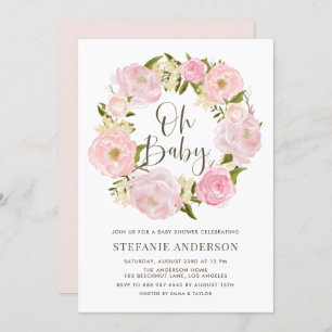 Blush Pink Watercolor Peony Wreath Baby Shower Invitation