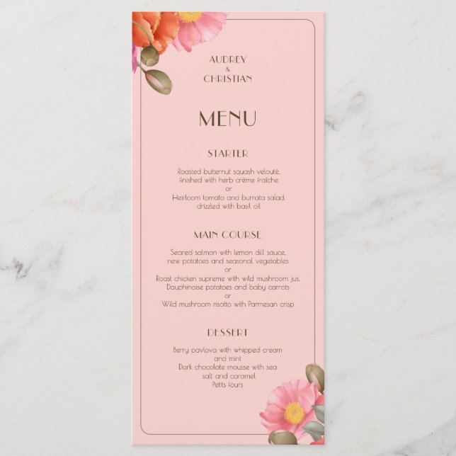 Blush Pink Watercolor Poppy Wedding Flat Menu (Front)