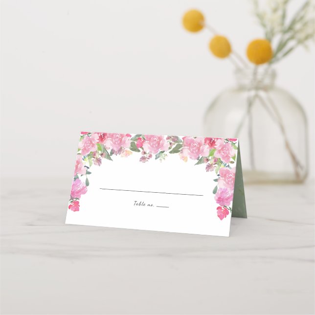Blush Pink Watercolor Rose Floral Wedding Place Card (Front)