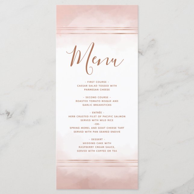 Blush Pink Watercolor Rose Gold Frame Wedding Menu (Front)