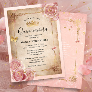 Blush Pink Watercolor Rose Gold Quinceanera Invitation