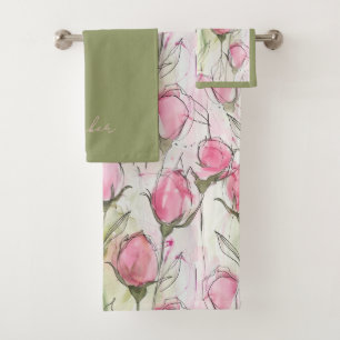 Blush Pink Watercolor Rosebuds Bath Towel Set